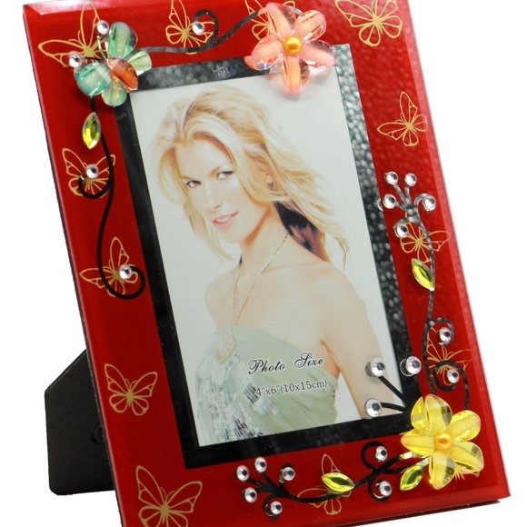 Two sets of Beautiful Red Glass 4" x 6" Photo Picture Frame with Flowers and But - Picture 2 of 11